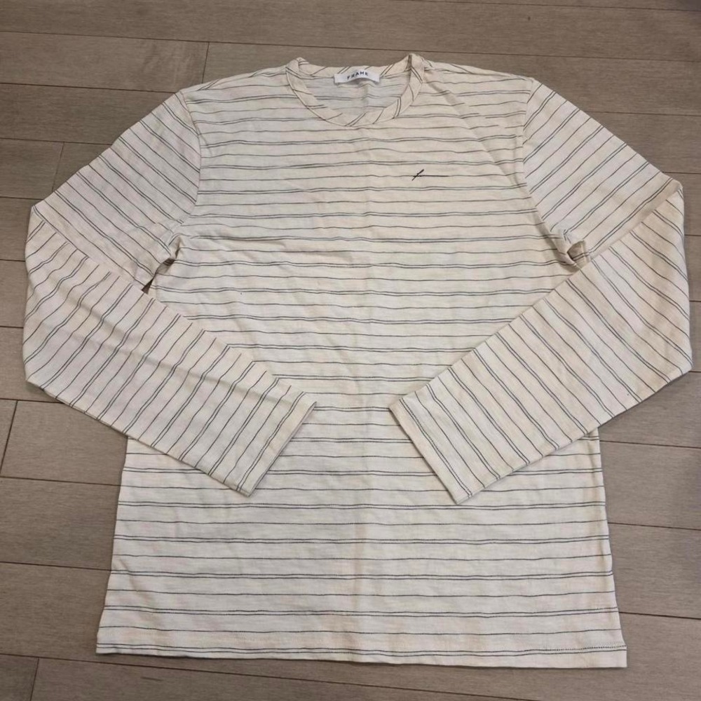 FRAME Denim Striped Long Sleeve T-Shirt Cream Black Slub Jersey Crew Neck Top